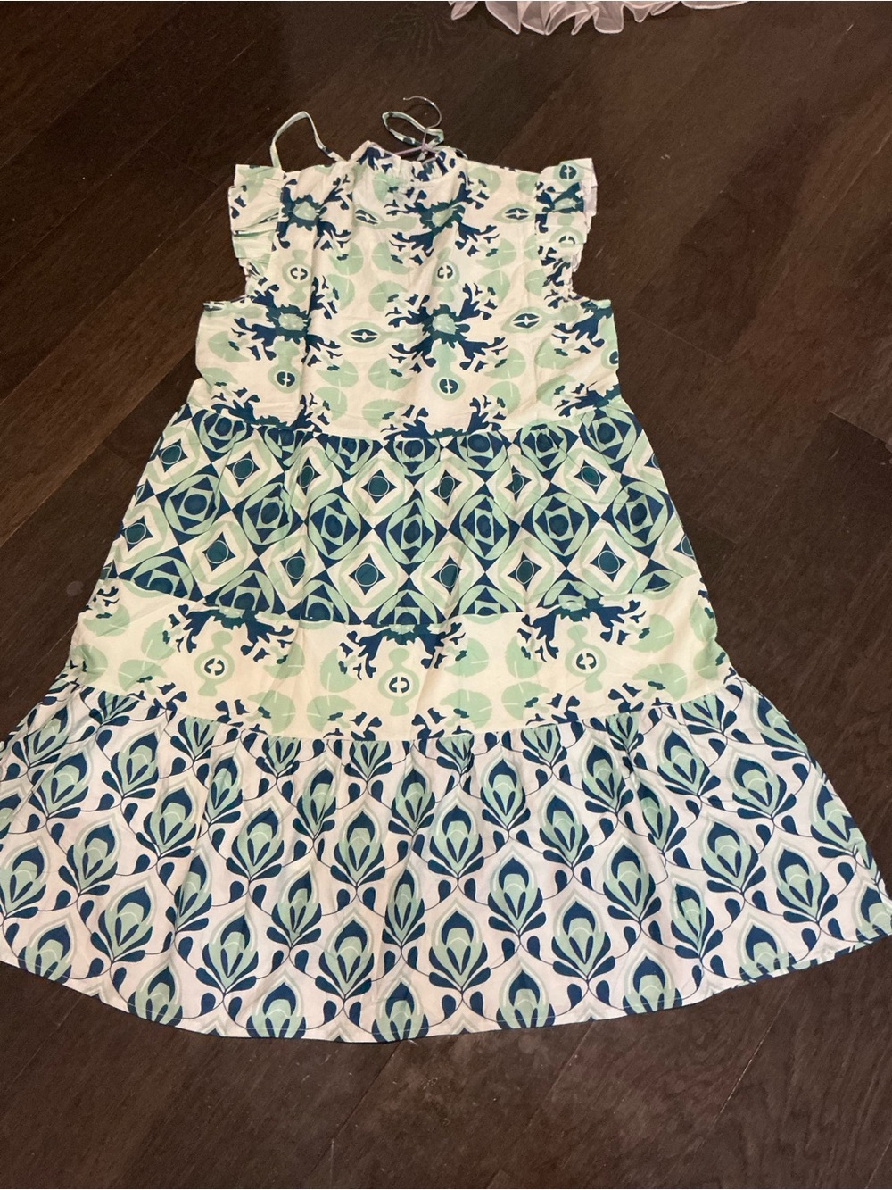 Tiered Midi Sundress in Blue and Mint Print